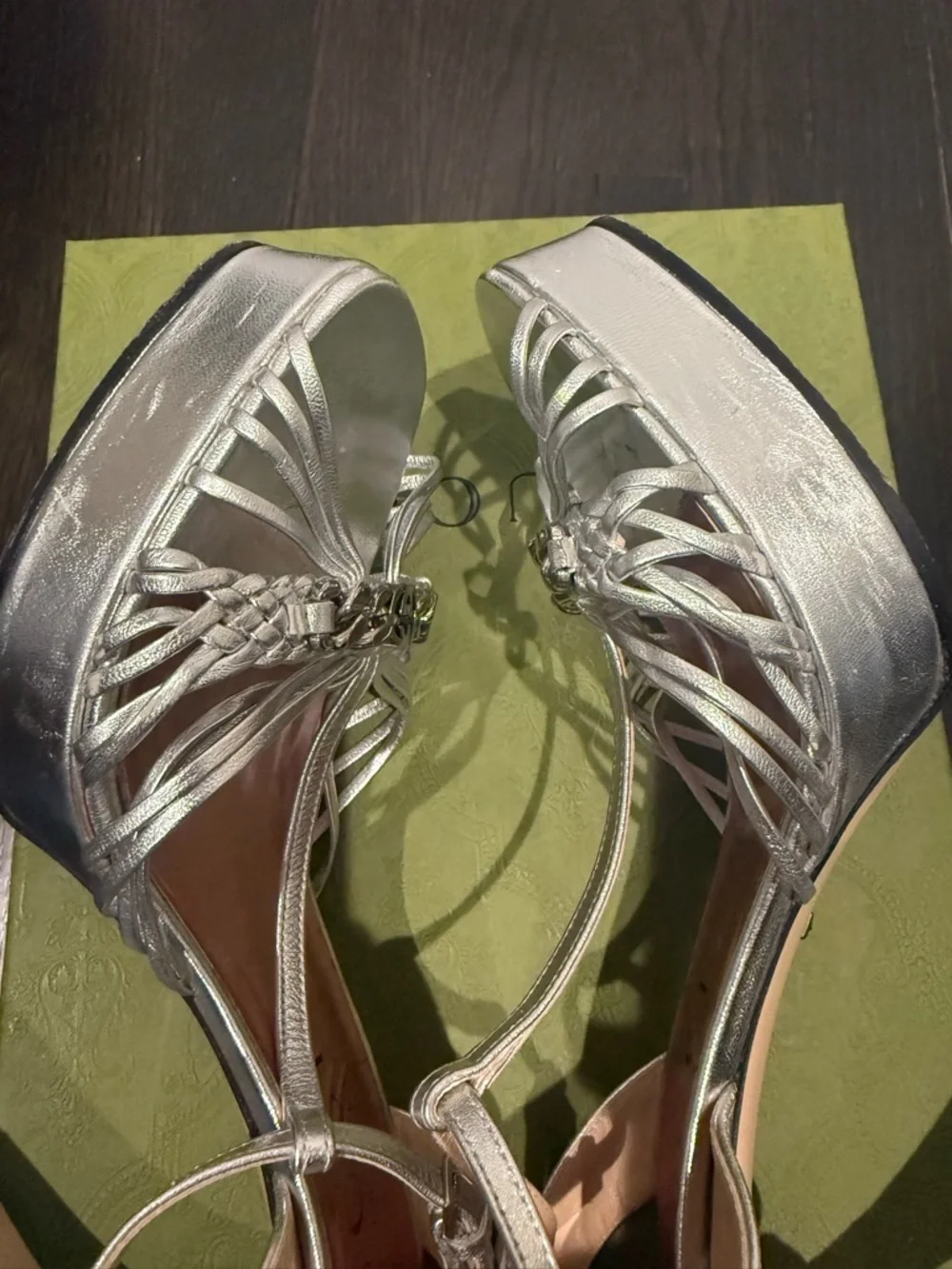 Gucci Silver Metallic T-Strap Platform Sandals - Picture 10 of 12